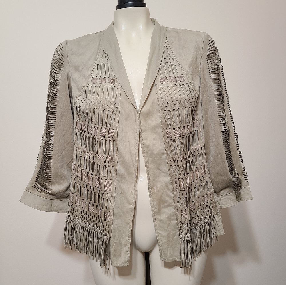 Chico's tan faux suede fringed jacket